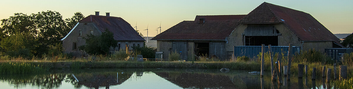 Hof von Humusland in der Nordpfalz – Gebäudeansicht Humusland Hof in der Nordpfalz – Hofgebäude mit Scheunen am Teich bei Sonnenuntergang